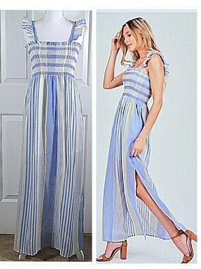 NWT Cotton Maxi Dress Sundress w/ Ruffle Straps Striped Blue Yellow & White
